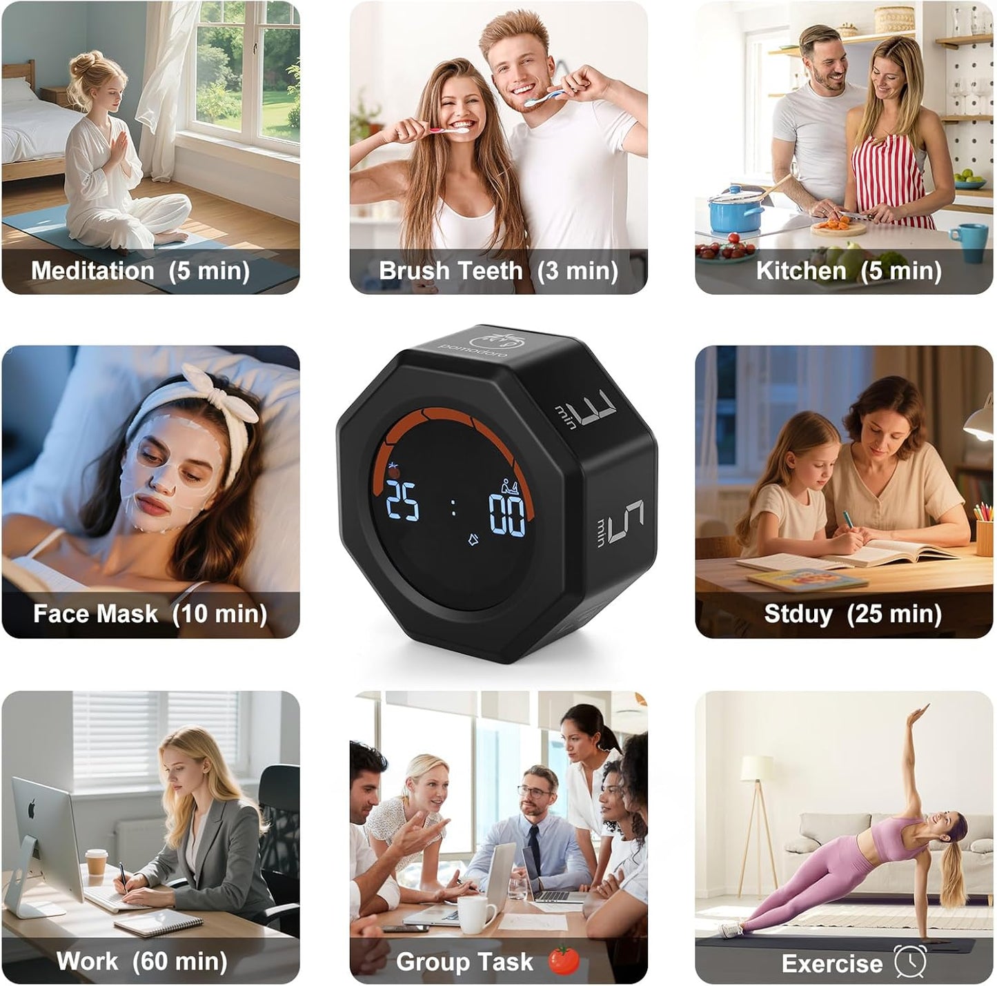Small Productivity Timer - Pomodoro Timer with 3/5/10/25/60 Min Presets & Custom Countdown | Magnetic Rechargeable Digital Clock for Desk, Study and Games (White)