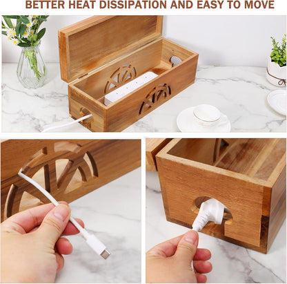 Wood Cable Management Box - 15.8" (L) x 6" (W) 5.5" (H) Acacia Wood Cable Hider Box, Cord Hider with Magnet Design & Outlet Hole, Power Strip Surge Protect & Organizer for Home Office Kitchen TV Wires