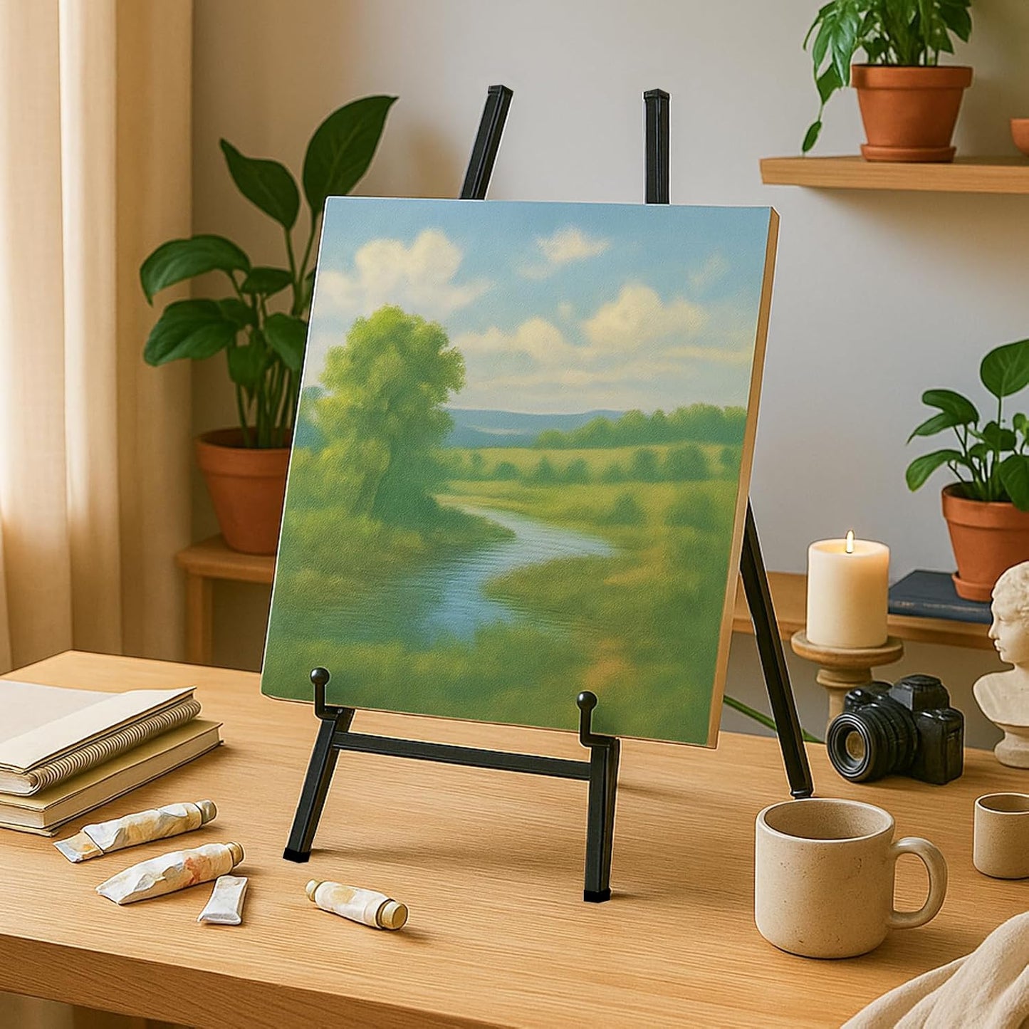 Falling in Art Metal Easel Stand, 16.5" Table Top Easel Stand for Display, Tripod Mirror Plate Stand Holder for Photos, Books and Wedding Signs, Gold