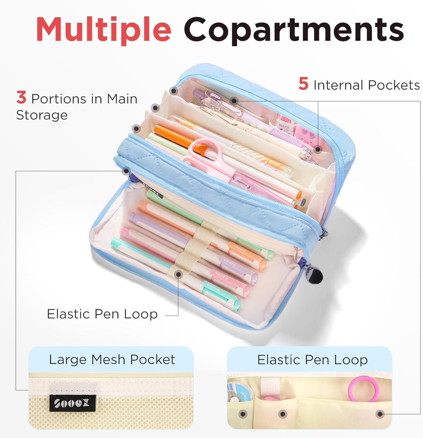 Sooez Large Pencil Case Pouch, Extra Big Pencil Bag with 8 Compartments, Pen Bag Wide Opening, Soft Quilted Pencil Pouch Organizer with Zipper, Portable Pencil Case for Teen Girls, Pink