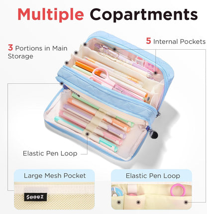 Sooez Large Pencil Case Pouch, Extra Big Pencil Bag with 8 Compartments, Pen Bag Wide Opening, Soft Quilted Pencil Pouch Organizer with Zipper, Portable Pencil Case for Teen Girls, Pink