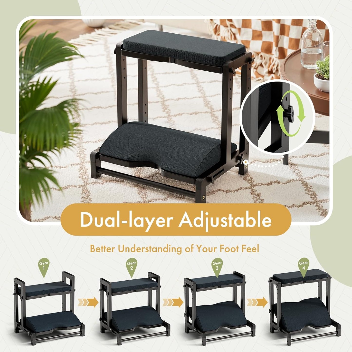 Double Step Foot Rest Under Desk, Adjustable Wooden Desk Foot Rest with 4 Heights, Ergonomic Foot Stool with Cushion for Office, Gaming & Study (Natural Color)