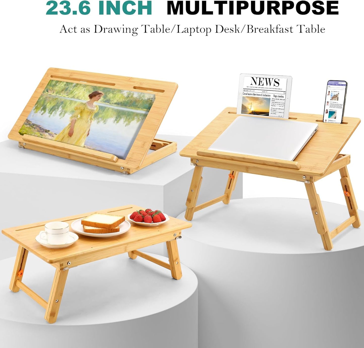 Nnewvante Drawing Table Foldable Drafting Desk with Adjustable Height & Angle Bamboo Drawing Board Easel with Tablet and Phone Slots for Painting, Drafting, Writing, Reading