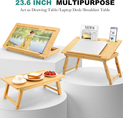 Nnewvante Drawing Table Foldable Drafting Desk with Adjustable Height & Angle Bamboo Drawing Board Easel with Tablet and Phone Slots for Painting, Drafting, Writing, Reading