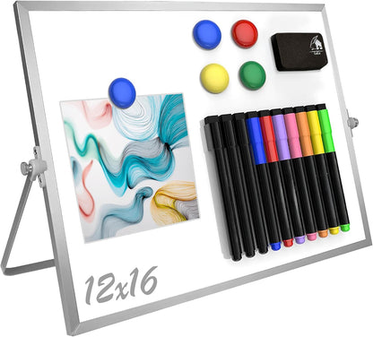 Magnetic Dry Erase Board 16x12 Inch - Double-Sided Desktop Whiteboard with 360° Rotating Stand - Small Portable White Board Set with 10 Markers, 4 Magnets, Eraser for Home Office, School, Desk