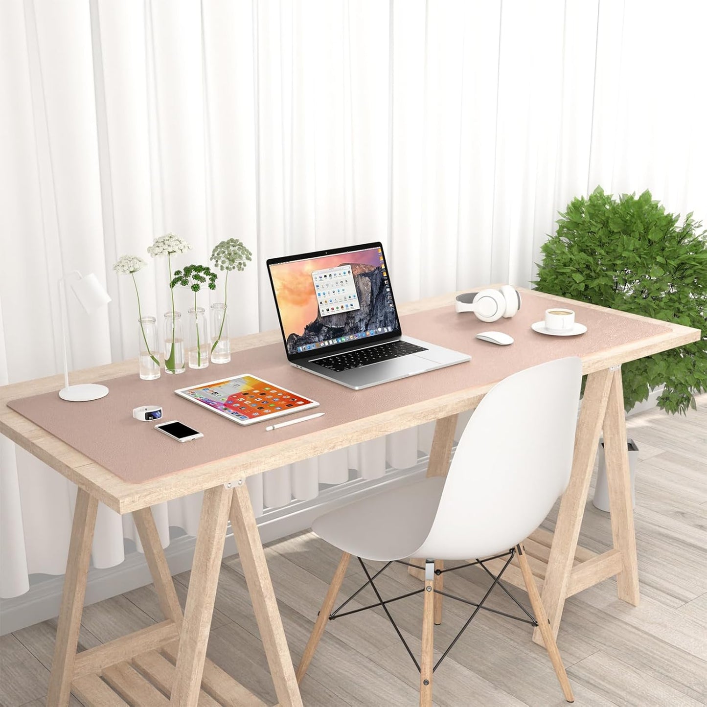 Hsurbtra Desk Pad, 23.6" x 13.8" PU Leather Desk Mat, M Extended Mouse Pad, Waterproof Desktop Blotter Protector, Non-Slip Ultra Thin Small Laptop Keyboard Writing Mat for Office Home, Pink