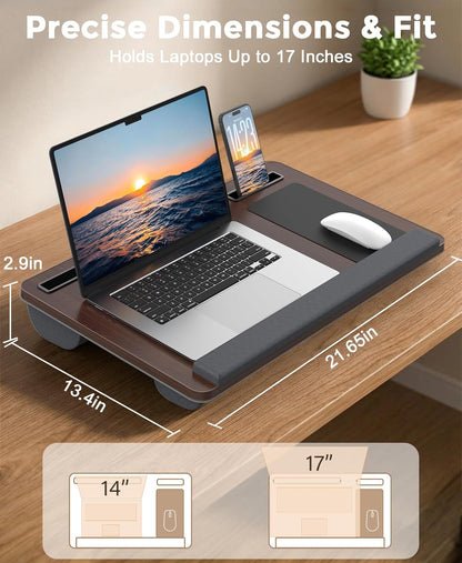 HETTHI Lap Desk with Cushion, Large Laptop Besk Bed, Up to 17" Laptop Tray for Bed with Wrist Rest, 2 Self-Adhesive Mouse Pads, Portable Handle, Tablet Phone Slot (Black)