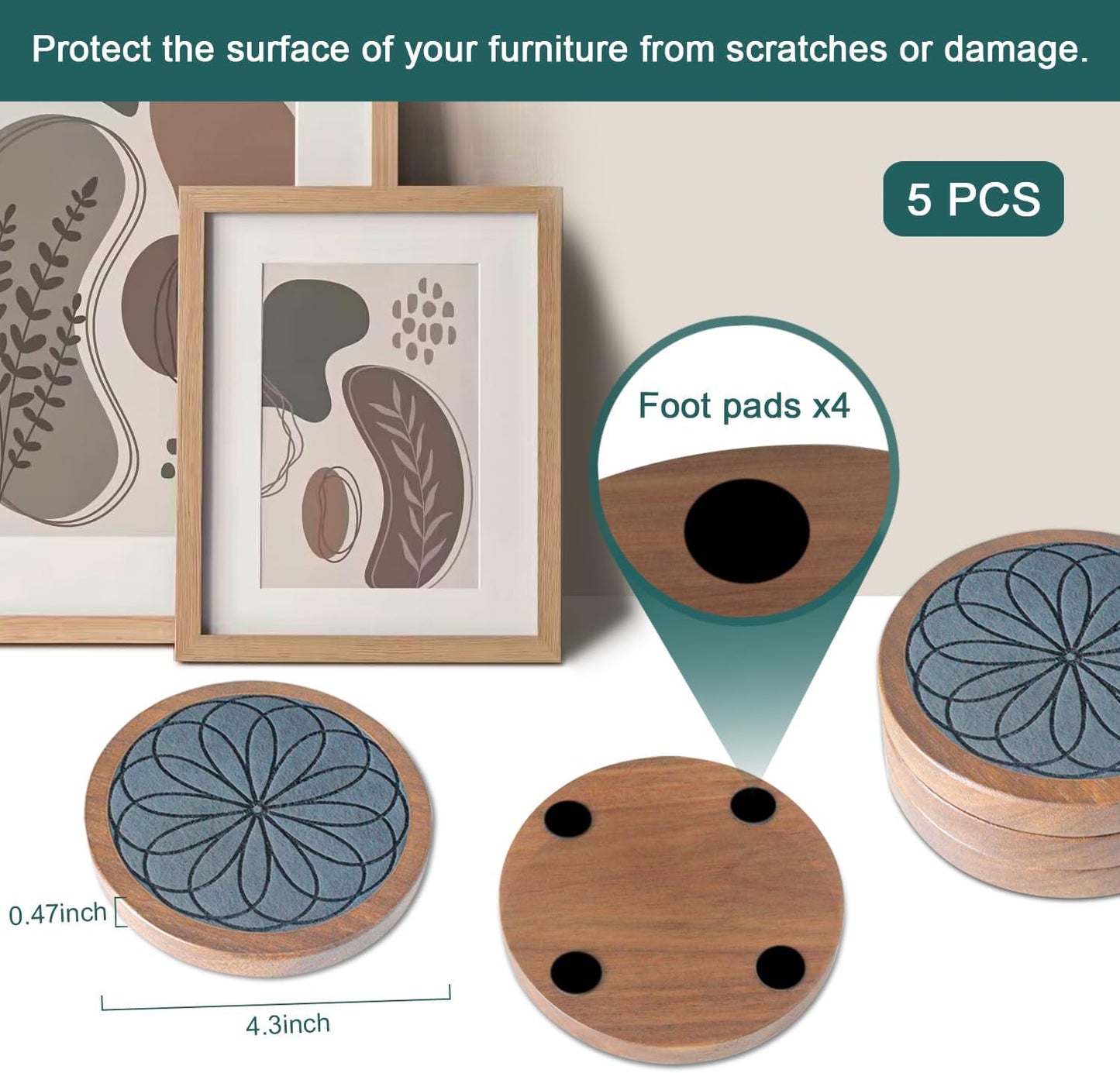 Wood Coasters for Drinks, Minacun Absorbent Coaster Sets of 5, Drinks Coasters for Coffee Tabletop Protection, Non-Slip, Non-Stick, Suitable for Kinds of Cups Wooden Table Drink, 4.3 Inches Black
