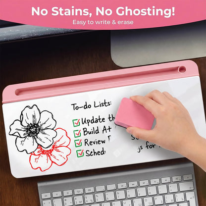 Chalkola Pink Glass Desktop Whiteboard with Storage - Dry Erase Board, Work Desk Organizers, Computer Keyboard Stand, Home Office Desk Accessories, Workspace Desktop Buddy