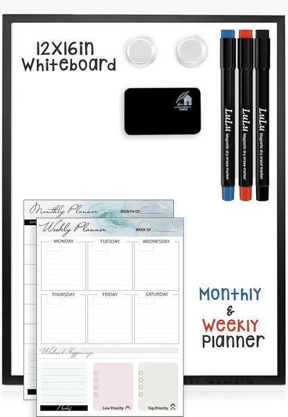 Magnetic Dry Erase Board 12x16 with Foldable Stand, Portable Gold Desktop Whiteboard for Home, Office, School & Kitchen, Includes Weekly & Monthly Magnetic Planner Sheets