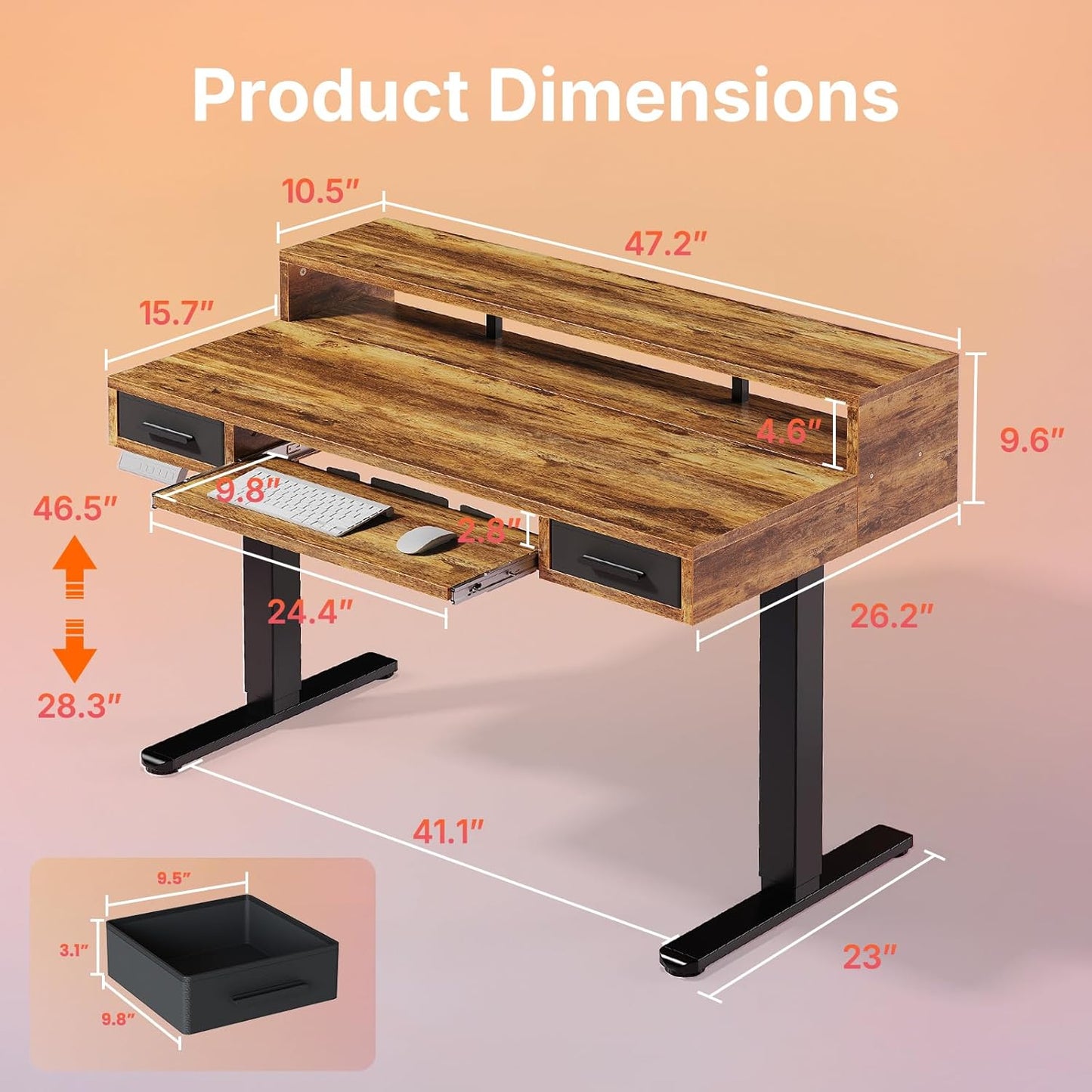 HUANUO 55″ x 26″ Electric Standing Desk with 2 Drawers &24.4″ Large Keyboard Tray, C-Clamp Mount Compatible, Adjustable Computer Desk for Office, Sit Stand Up Desk with 4 Height Presets, Light Walnut