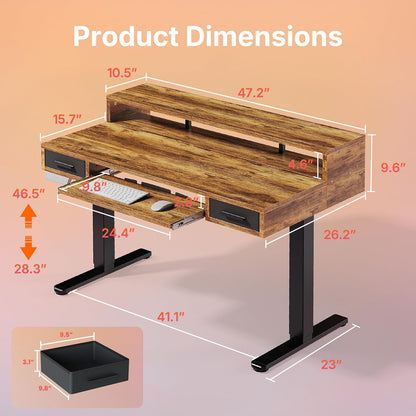 HUANUO 55″ x 26″ Electric Standing Desk with 2 Drawers &24.4″ Large Keyboard Tray, C-Clamp Mount Compatible, Adjustable Computer Desk for Office, Sit Stand Up Desk with 4 Height Presets, Light Walnut