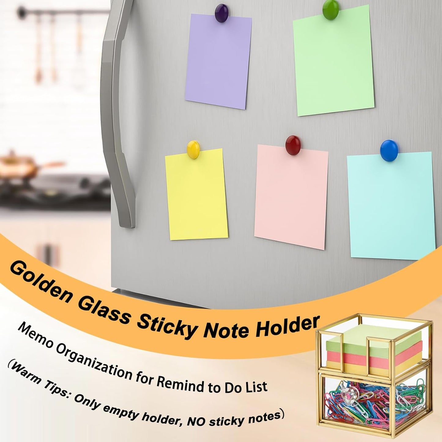 BTSKY Golden Glass Sticky Note Holder for 3x3 Inch Sticky Notes, Elegant Post It Note Dispenser with Non-Slip Pads Clear Notepad Holder for Desk Organization Planning, Home Office Decor