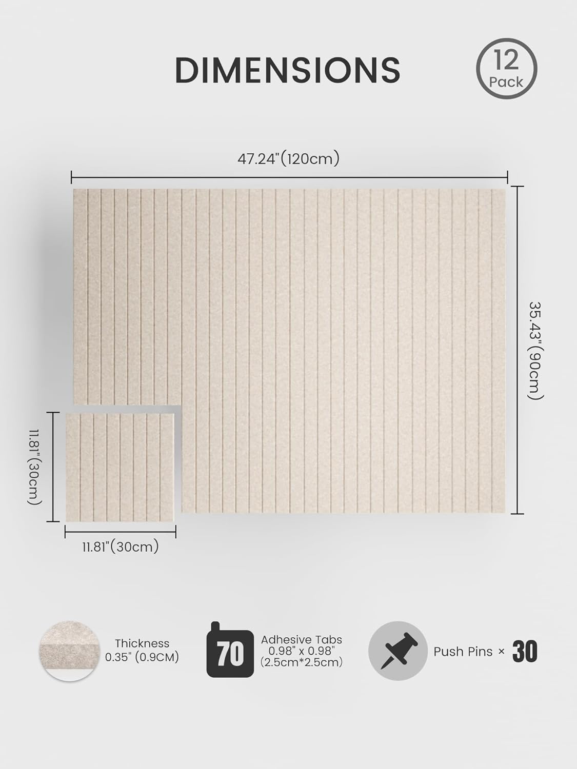 Bumusty Large Cork Board Alternative-48 x 36" Felt Bulletin Board Tiles, with 30 Pushpins, 70 Adhesive Tabs, Fine-Stripe 12-Pack, Cork Boards for Office Push Pin Board Felt Board-Oatmeal