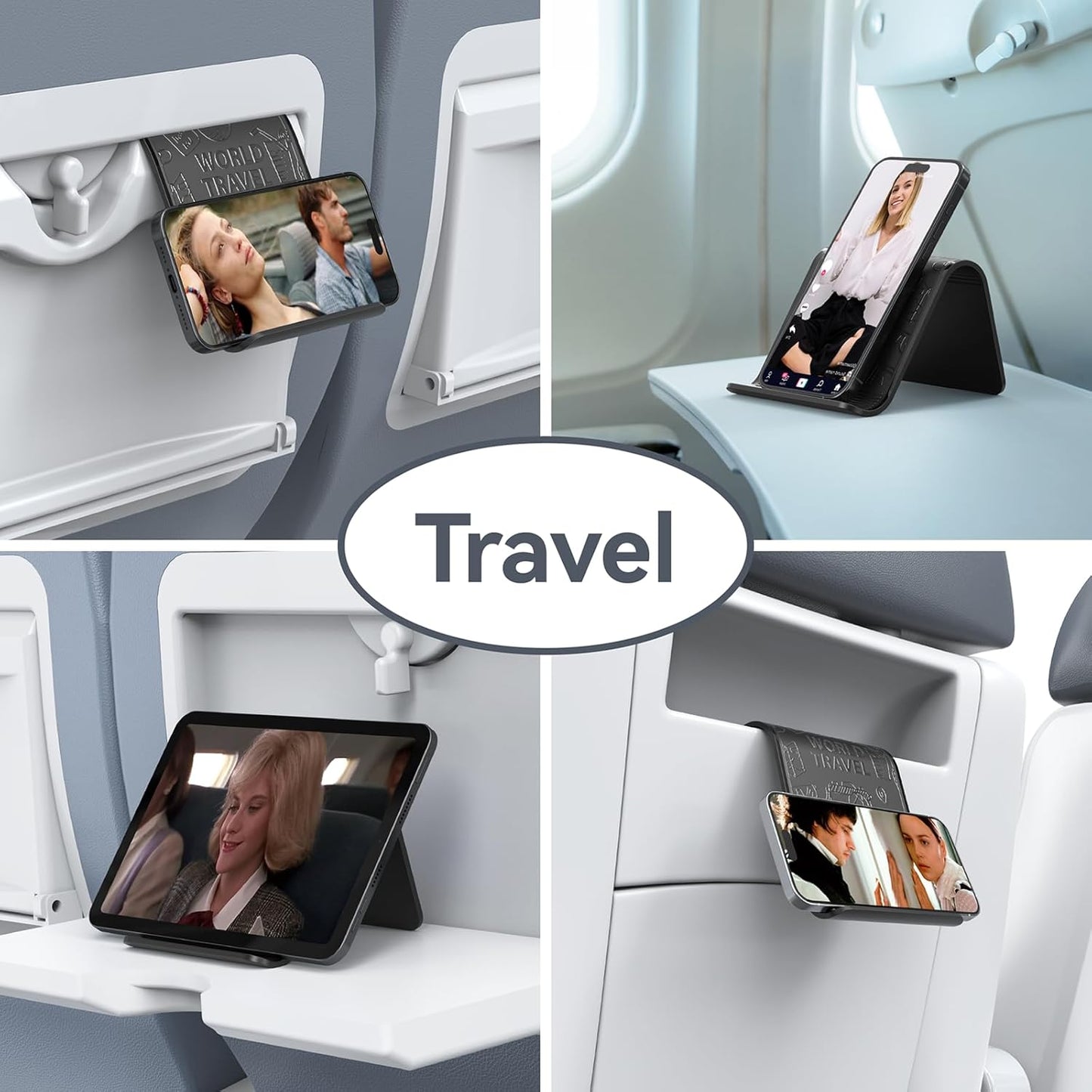 Airplane Phone Holder Mount, Travel Essentials Flexible Phone Holder, Airplane Tablet Holder for Flying, Desk, Compatible with iPhone, Smartphone, Tablet (Black Silk Screen)