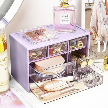 Mini Desk Storage Organizer with 6 Drawers, FODIENS Stackable Desktop Craft Drawer Cabinet, Clear Storage Box Caddy for Makeup Jewelry Office Craft Supplies (White)