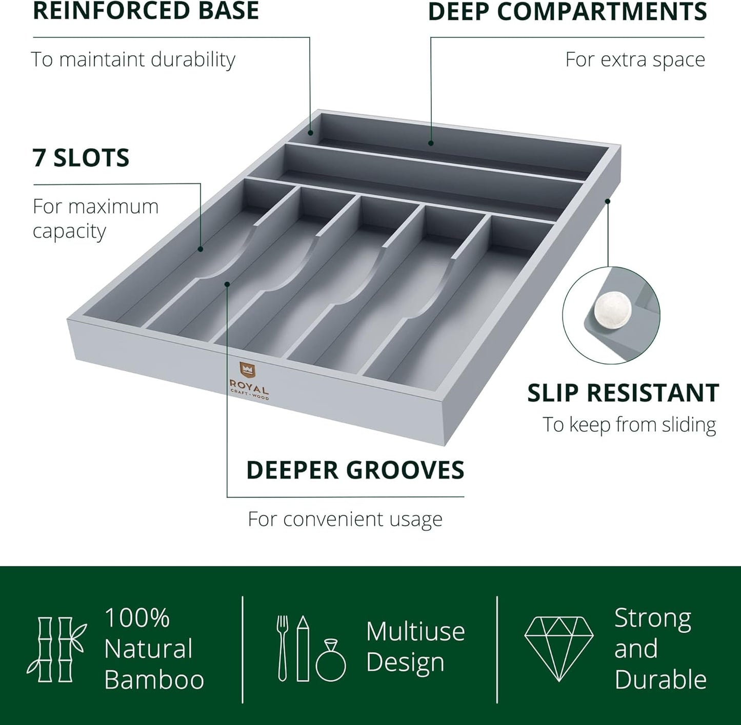 ROYAL CRAFT WOOD Luxury Bamboo Kitchen Drawer Organizer - Silverware Organizer, Utensil Holder & Cutlery Tray Drawer Dividers for Flatware (9 Slot, Natural)
