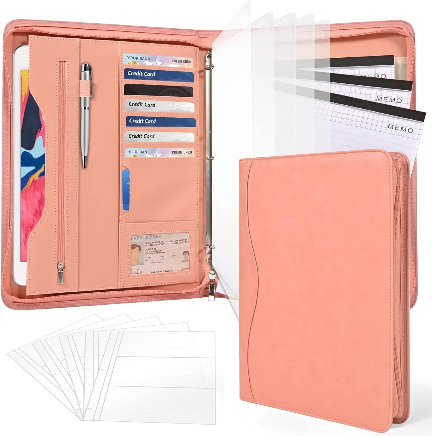 Padfolio Portfolio Folder Binder-Organizer Planner Notebook Zippered Portfolio Padfolio for Women & Men with Document Sleeve,Letter/A4 Size Clipboard,Business Card Holders (Brown Leaf)