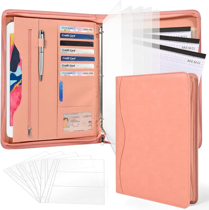 Padfolio Portfolio Folder Binder-Organizer Planner Notebook Zippered Portfolio Padfolio for Women & Men with Document Sleeve,Letter/A4 Size Clipboard,Business Card Holders (Brown Leaf)