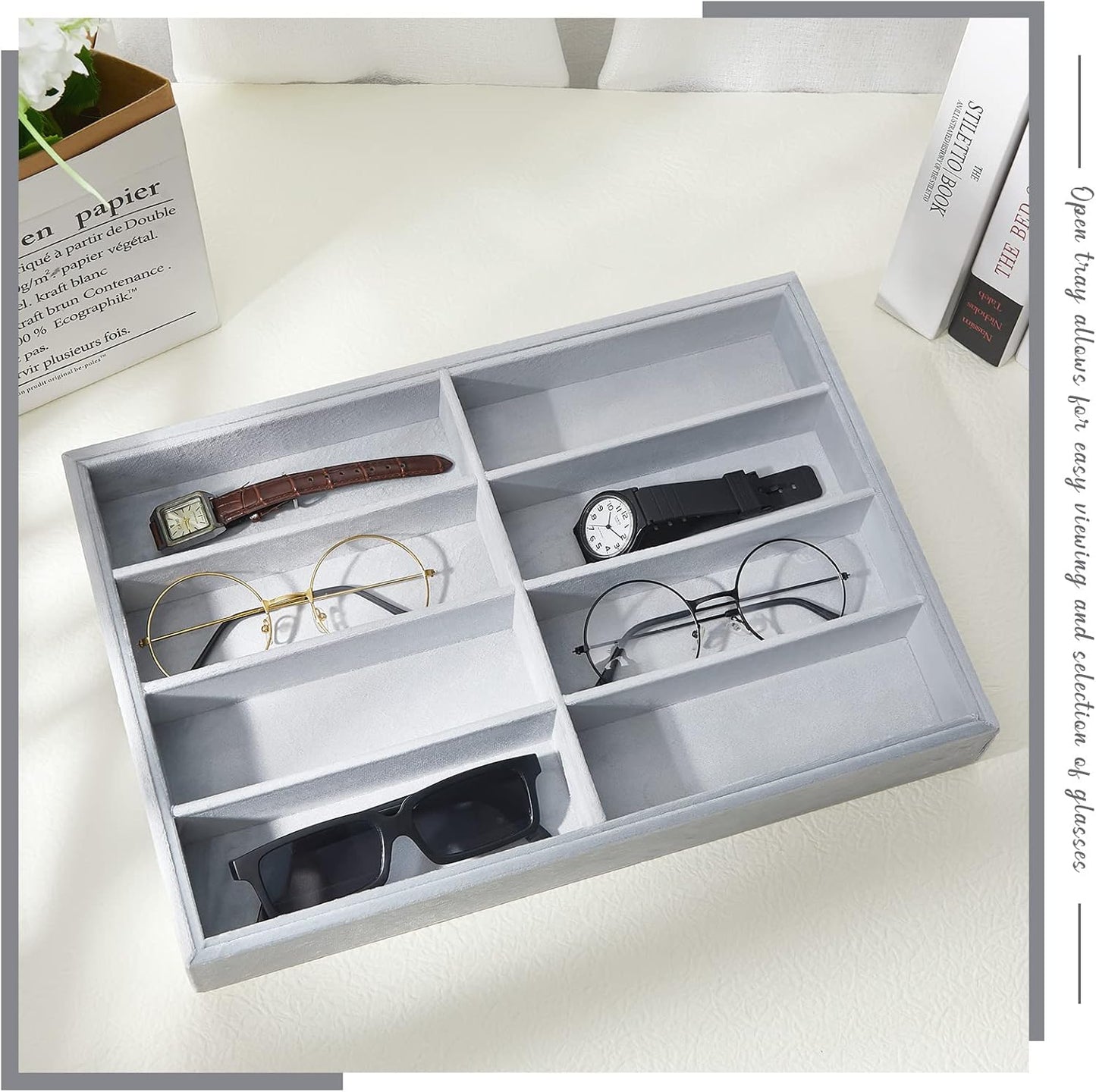 Amylove 2 Pcs Sunglass Organizer Trays Glasses Stackable Jewelry Trays Sunglass Organizer Display Box(8 Grids,Beige)