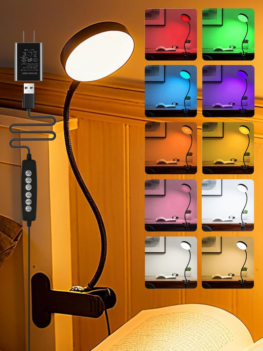 Clip on Light,10 RGB Colors+10 Brightness Clip on Desk Lamp with Clamp, 500 Lumen Bright 72 LED Desk Light, USB Adapter Reading Lights for Books in Bed/Headboard/Bedside Table/Bedroom/Dorm/Home Office