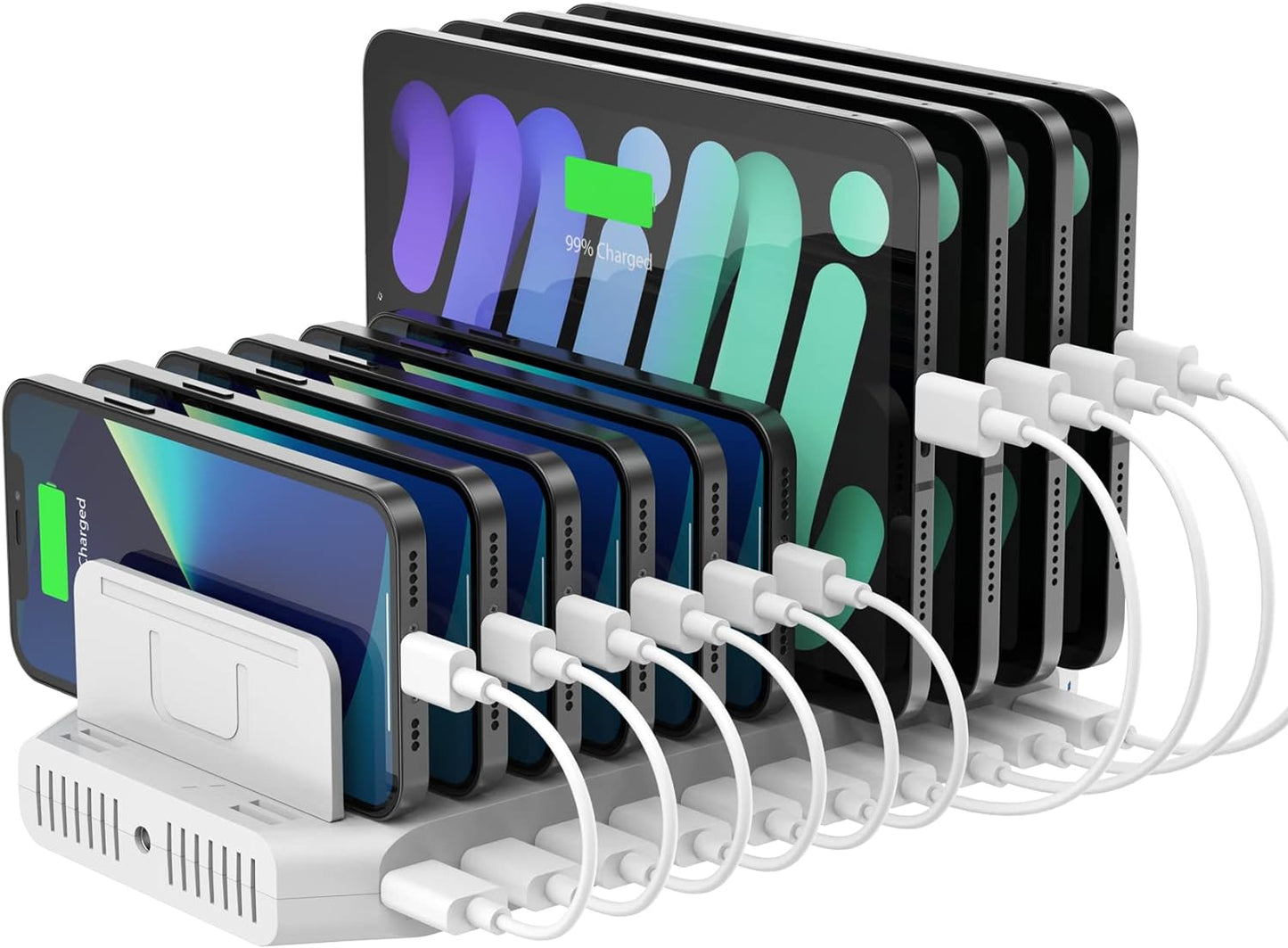 Unitek Multi Charging Station, 10-Port USB Charger for Multiple Device with SmartIC Tech and Adjustable Dividers, Organizer Stand Compatible with iPad, Tablet, Kindle, iPhone