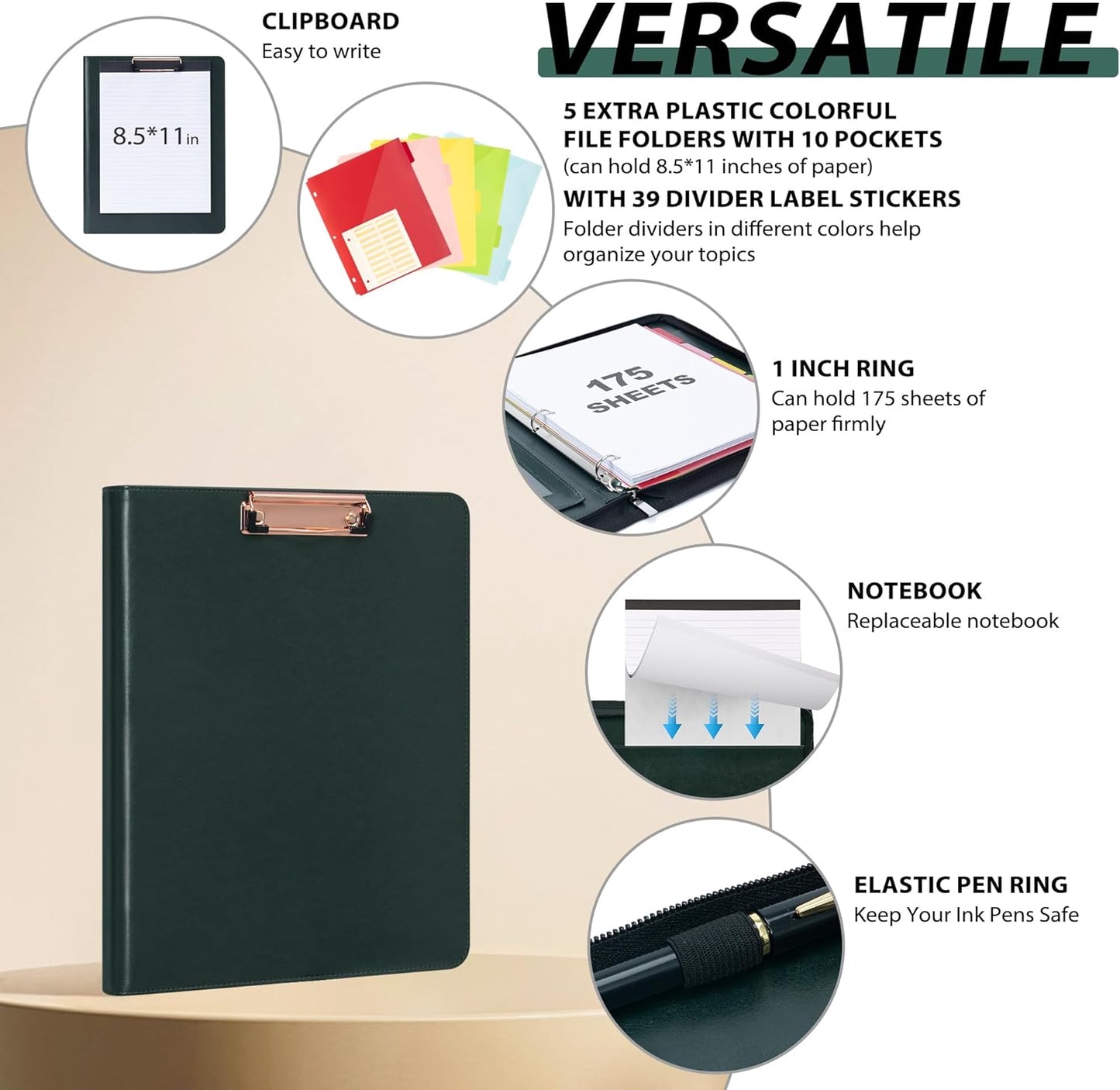 Ospelelf Zippered Padfolio Organizer, Faux Leather 3 Ring Binder with Clipboard, Letter Size Business Portfolio with Notepad, Tablet Sleeve & Phone Pockets for Office Work Brown