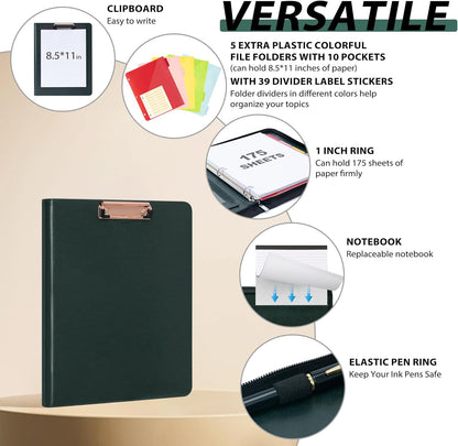 Ospelelf Zippered Padfolio Organizer, Faux Leather 3 Ring Binder with Clipboard, Letter Size Business Portfolio with Notepad, Tablet Sleeve & Phone Pockets for Office Work Brown