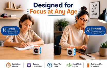 Visual Timer for Kids & Adults – Pomodoro Timer Cube with 5/10/25/45 Min Presets, Custom Visual Countdown & Count Up, Digital Classroom Timer for ADHD, Focus, Study, Work, Rechargeable