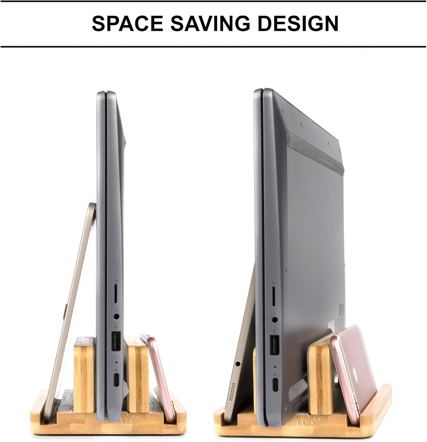 S&A WOODCRAFT 3 Slots Bamboo Wood Vertical Laptop Stand, Adjustable Wooden Laptop Holder, Non-Slip Laptop Dock Compatible with Apple MacBook, Microsoft Surface, Gaming Laptops, IPad, Tablets