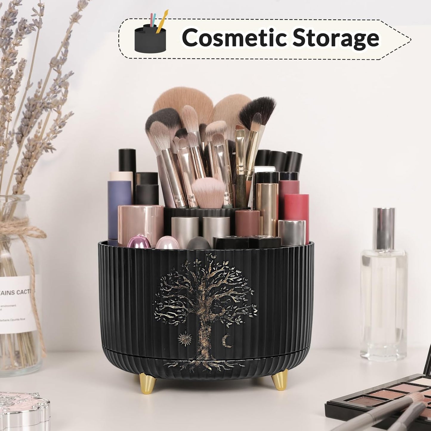 SKYDUE 360 Rotating Plastic Desk Pen Organizer with 5 Slots, Dual-Purpose Art Supply Pencil Cup for Office, School, Home