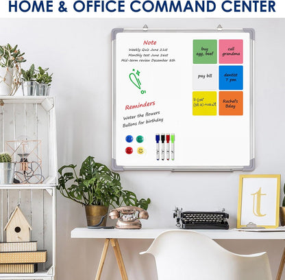 Whiteboard Set - Dry Erase Board 24 x 24 in with 1 Magnetic Eraser, 4 Dry Wipe Markers, 4 Magnets and 6 Magnetic Labels - Wall Hanging Reminder Kanban White Board for Home and Office (24x24 inch)