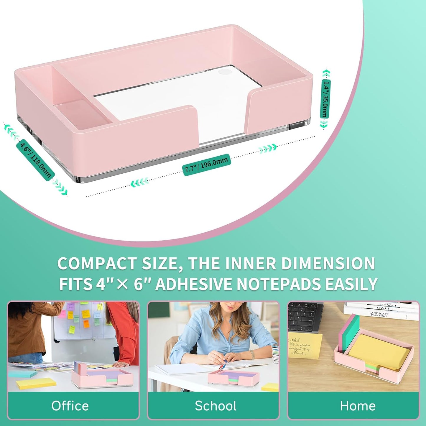 Sticky Note Holder, Glitter Pink Acrylic Notepad Holder 3x3 in Self-Stick Note Dispenser Office Desk Accessories, Memo Pad Holder Organizer for Classroom School Supplies