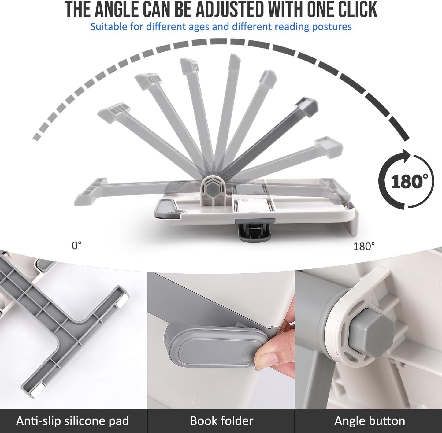 Adjustable Metal Book Stand Tray Portable Foldable Lightweight Bookstands Page Clips Rest for Music Score Cookbook Tablet Textbooks Ergonomic Reading Posture (Grey)