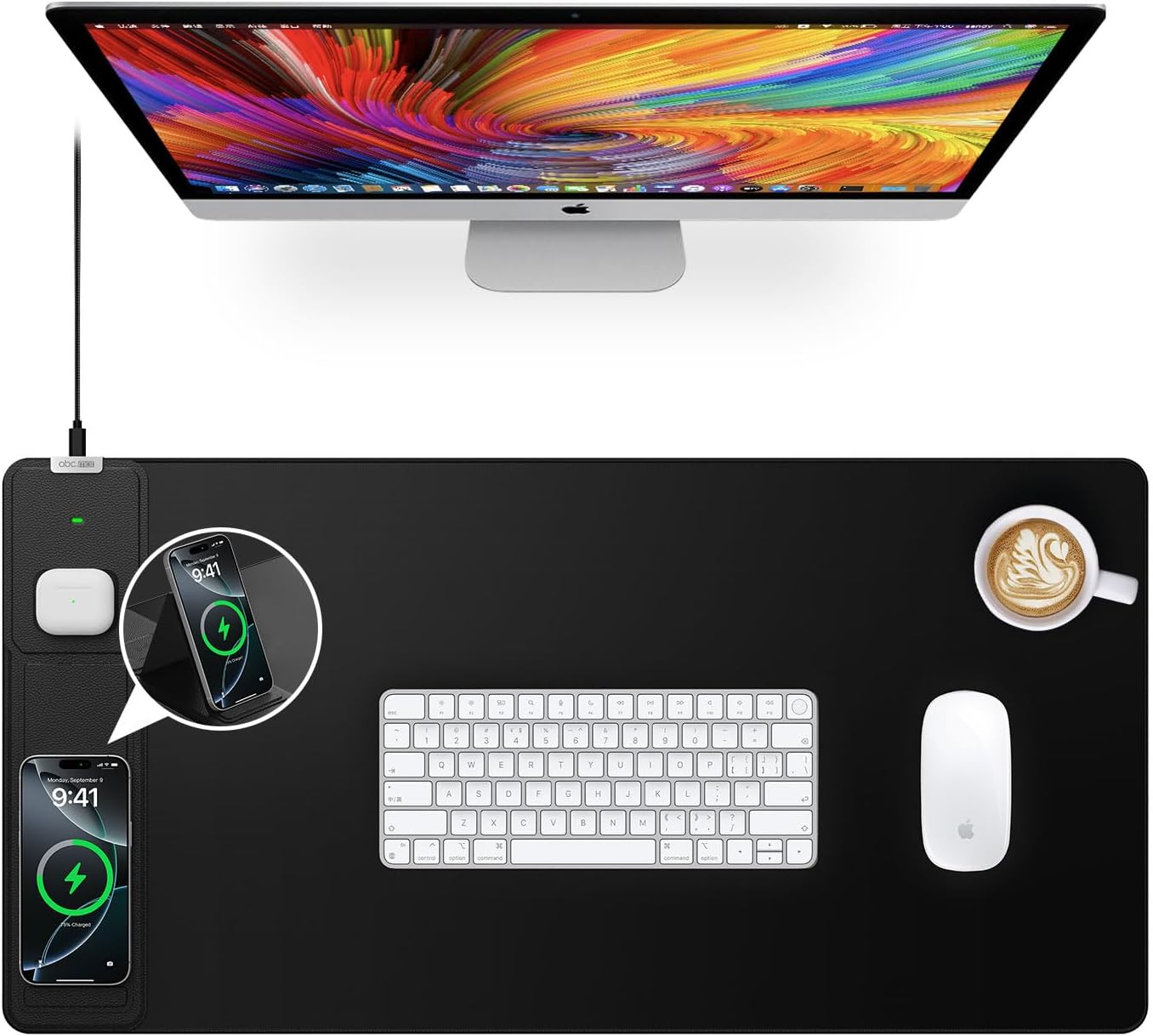 Wireless Charging Mouse Pad with Foldable Phone Holder, 31.5"x15.8" Large Desk Mat for Laptop/Keyboard, Waterproof Ultra-Smooth Surface, Non-Slip Base, Black