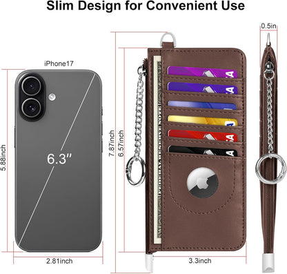 RFID Blocking Slim Credit Card Holder Wallet with Zipper Money Pocket & Keychain, Slim Airtag Wallet for Men Women