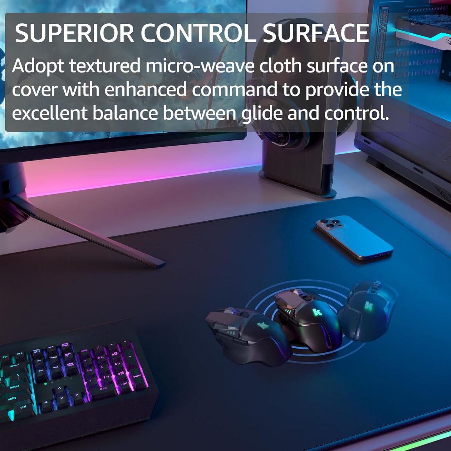 KTRIO Large Gaming Mouse Pad Desk Mat, Superior Micro-Weave Cloth for Precise Mouse Control, Non-Slip Rubber Base, Stitched Edges, Water-Resistant, for Gamer, Office & Home, 31.5" x 11.8" inches