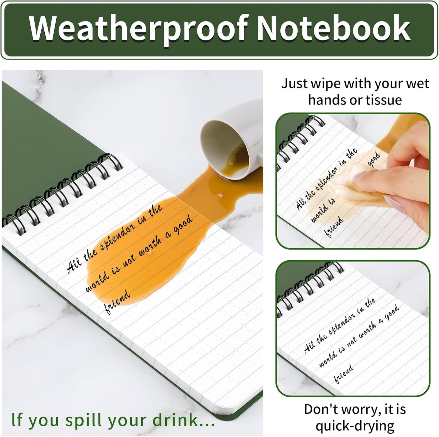 COIDEA 3 Pack Waterproof Notebook, 3 x 5 Pocket Notepad, All Weather Small Pocket Notebook Paper, Mini Spiral Notepad Police Notepad 100 Lined Pages for Outdoor Office
