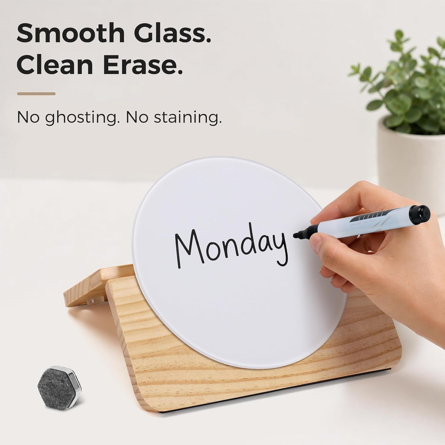 Magnetic Glass Desktop Whiteboard with Solid Wood Stand, Adjustable Foldable Mini Dry Erase Board, 2-in-1 Tabletop & Hanging Glassboard with Rustic Rope, Reusable Home Office School, Black and Square