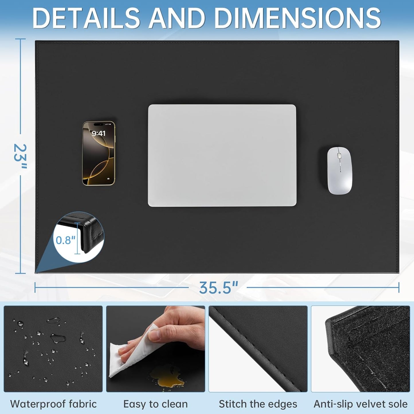 AKOZLIN 35.4"x 18.9" Soft PU Leather Surface Office Desk Mouse Mat Anti-Push Pad with Full Grip Fixation Lip Table Blotter Edge-Locked Protector