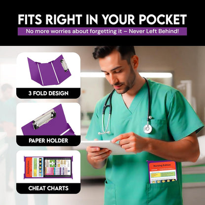 Nursing Clipboard Foldable with Medical Edition Cheat Sheets, 3 Layers Aluminum Foldable Clipboard for Nursing, Notepad for Students, Nursing School Essentials (Black)