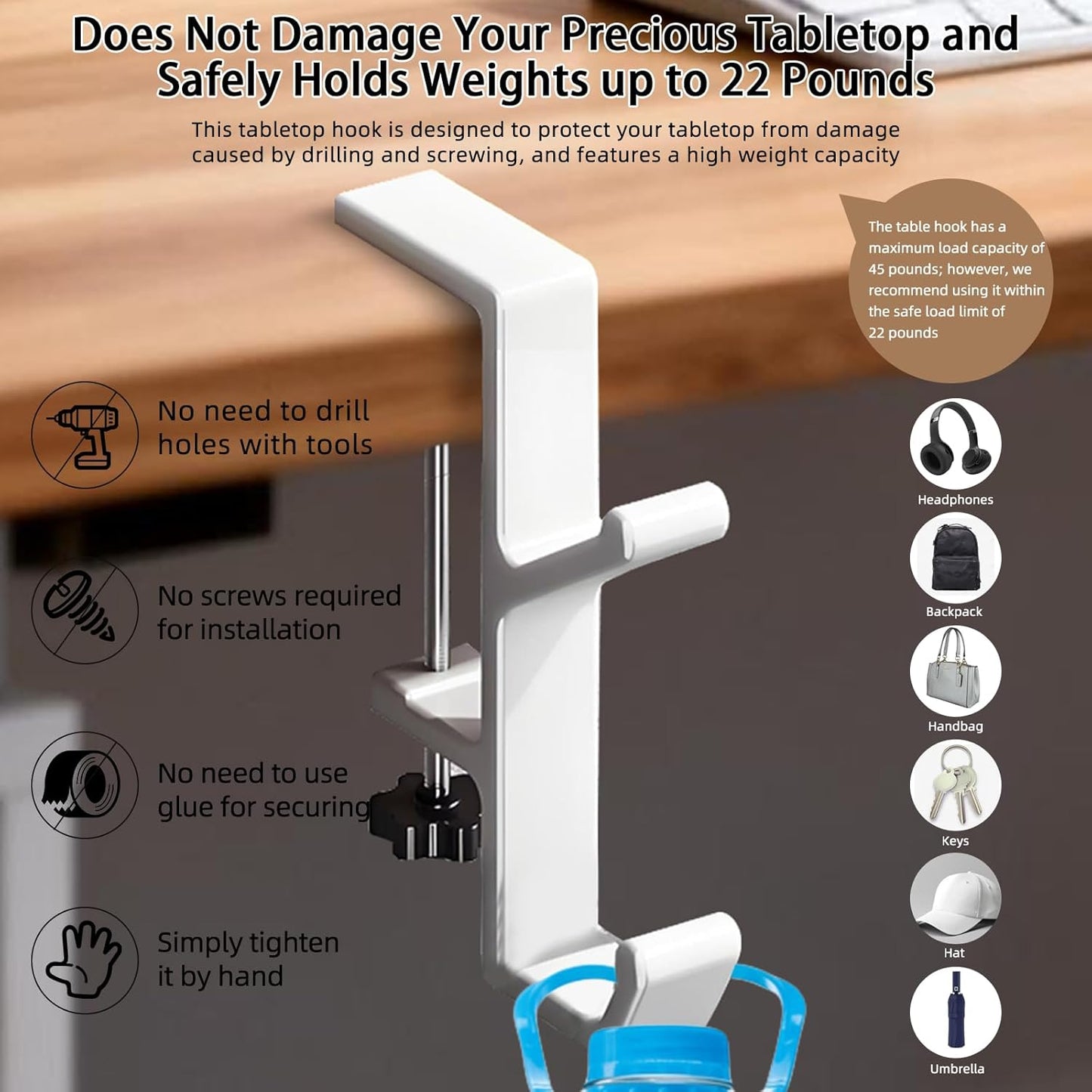 Desk Mount Bag Holder Hook Clamp,On Backpack Hanger Portable Desk Mount Headphones Holder for Reduce Desk Clutter Table Desk Table Hanging Storage (1 Pcs-Double Hook White)