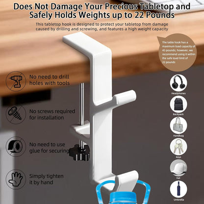 Desk Mount Bag Holder Hook Clamp,On Backpack Hanger Portable Desk Mount Headphones Holder for Reduce Desk Clutter Table Desk Table Hanging Storage (1 Pcs-Double Hook White)