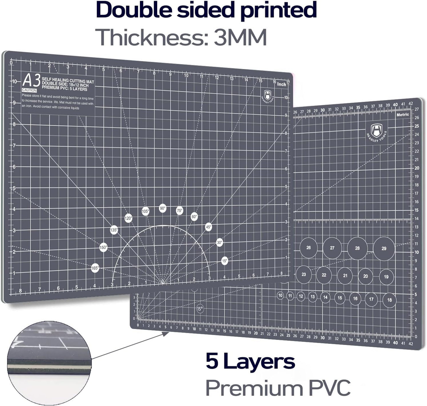 HEADLEY TOOLS 18" x 24" Thickened Self Healing Cutting Mat, A2 Rotary Cutting Sewing Mat for Crafts, Double Sided 5-Ply Table Cutting Board for Fabric Quilting Leather Arts Hobby Project, Grey/Black