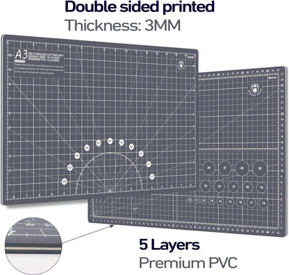 HEADLEY TOOLS 18" x 24" Thickened Self Healing Cutting Mat, A2 Rotary Cutting Sewing Mat for Crafts, Double Sided 5-Ply Table Cutting Board for Fabric Quilting Leather Arts Hobby Project, Grey/Black