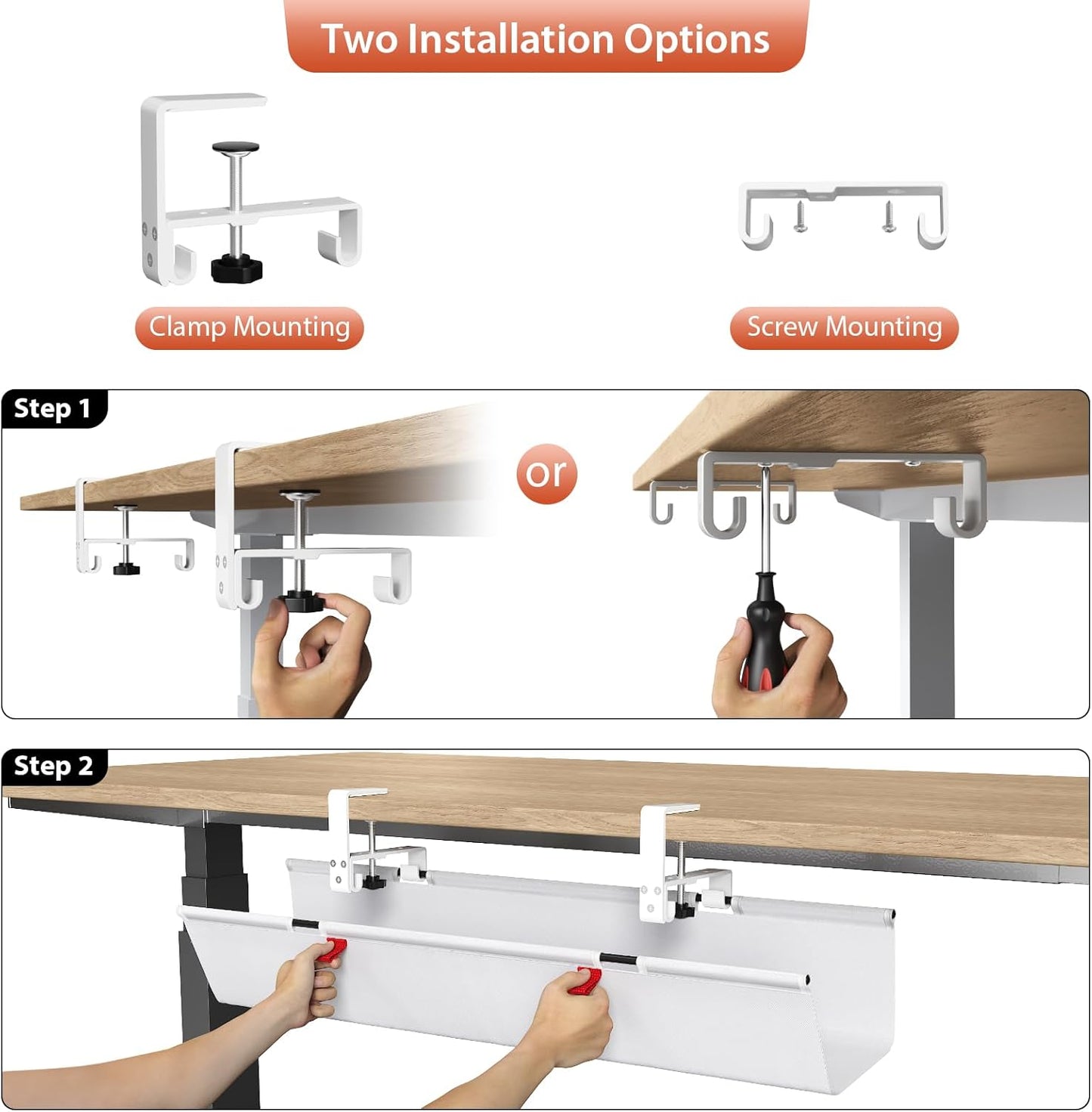 Univivi No Drill Under Desk Cable Management Tray, 36" Cord Organizer for Table, Clamp/Screw Mount Desk Cable Management, Premium Fabric Cable Management Tray for Office, Home