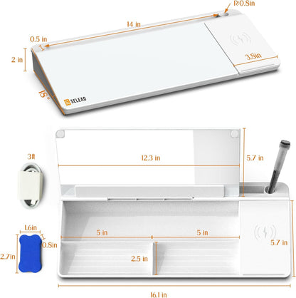 SELEAD Desktop Glass Whiteboard with Wireless Charger Station, Dry Erase Board Computer Pad Keyboard Stand with Organizer for Home, School, Office Desk Accessories, Black