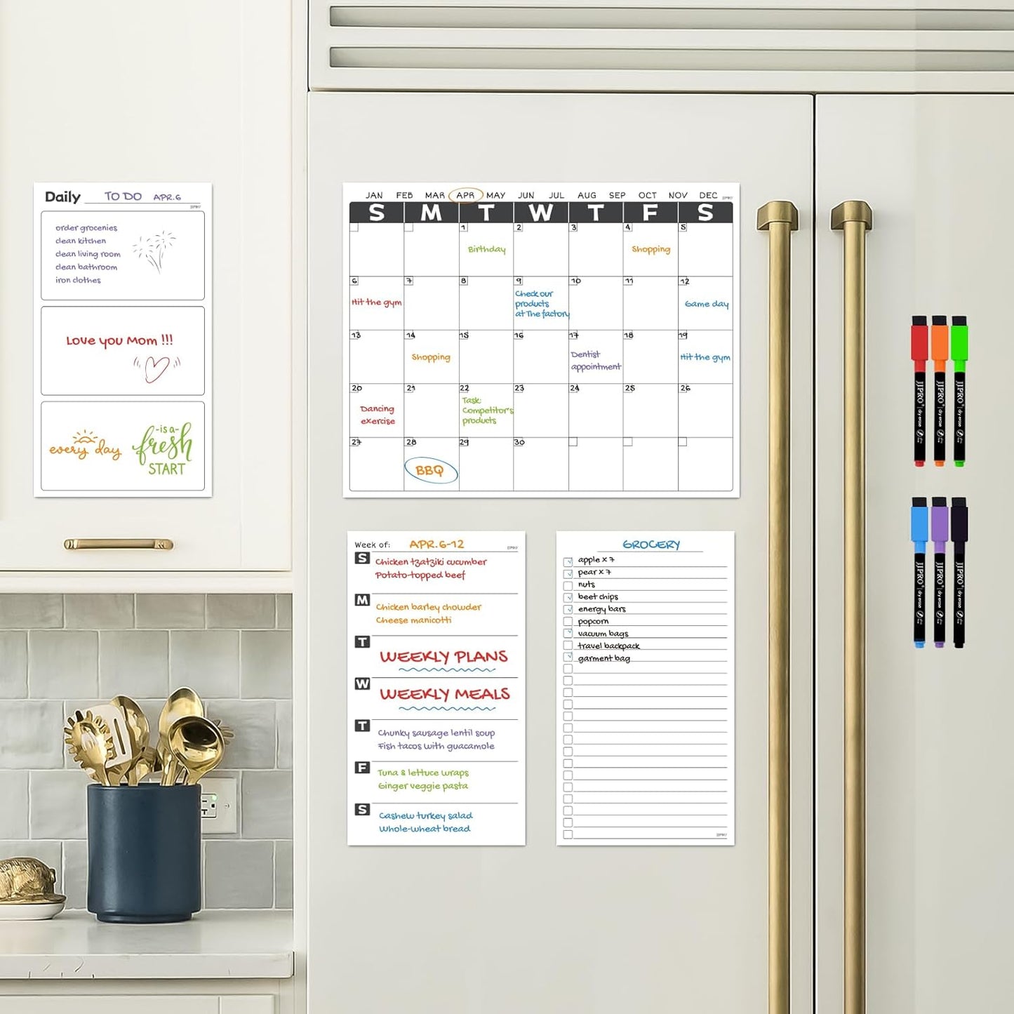 JJPRO Non-Magnetic Dry Erase Weekly Calendar for Fridge,Reusable Weekly Meal Planner and to Do List Whiteboard Bundle-Starts Monday,8.5"x12" Reusable Calendars Stick to Wall, All Smooth Surfaces