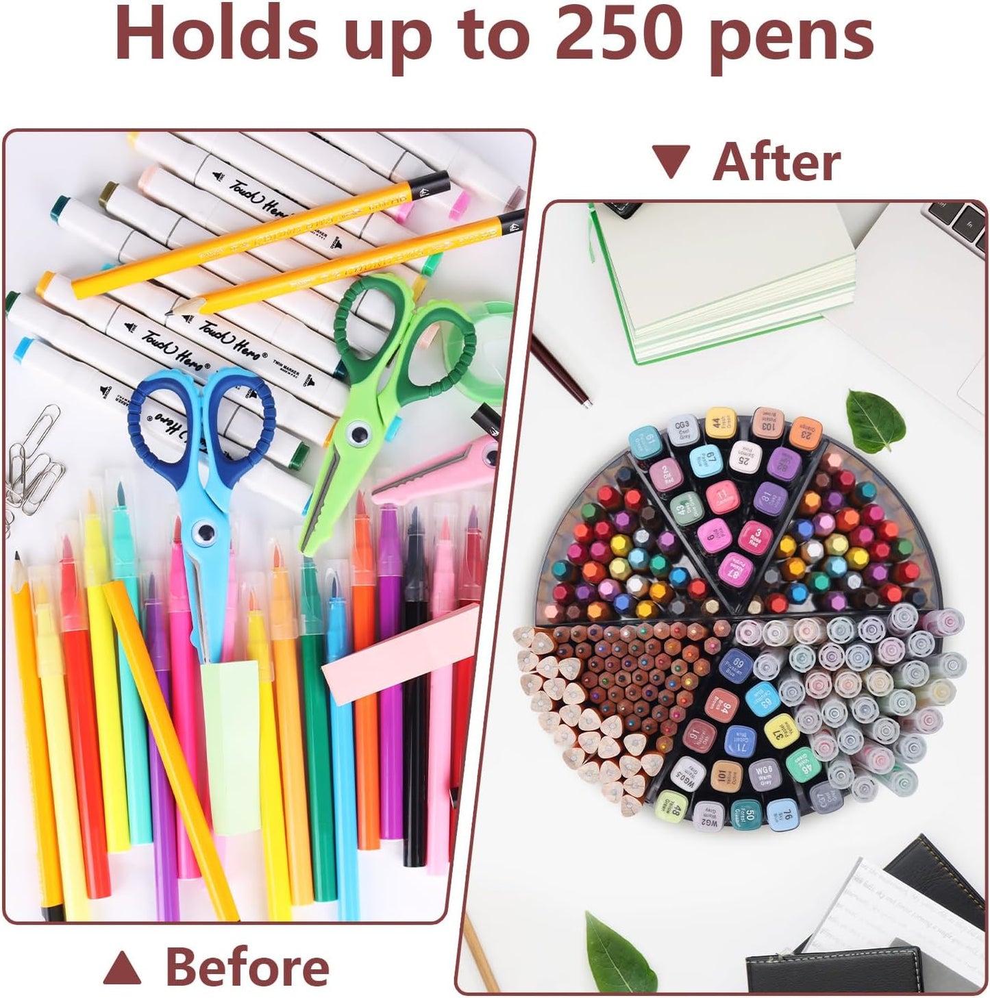 Absonic 250pcs Acrylic Pencil Holder Marker Organizer, 360-Degree Rotating Pen Holder, Crayon Organizers for Kids Pencil Organizer Caddy Art Supply Lazy Susan Organizer for Desk Home School Office