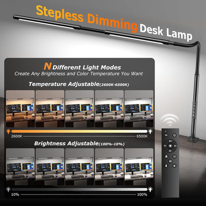 Airlonv LED Desk Lamp for Office Home, Eye-Caring Desk Light with Stepless Dimming Adjustable Flexible Gooseneck, 10W USB Adapter Desk Lamp with Clamp for Reading, Study, Workbench (Black)